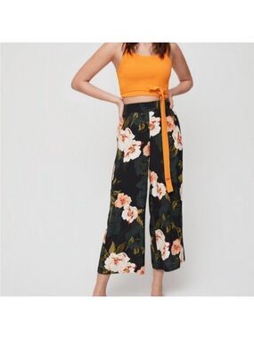 Aritzia Wilfred Floral Faun Wide Leg Ankle Crepe Pants Belted, Sz XS